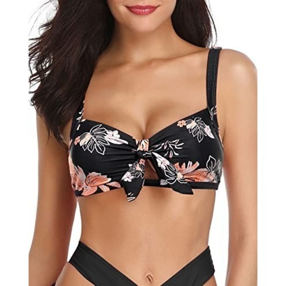 Tempt‎ Me Keyhole Floral Bikini Top & High Waisted Tummy Control Black Bottoms L